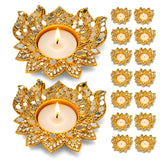 Metal lotus tea light candle holder with golden mirrored petals and rhinestones for diwali pooja and festive decor