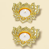 Gold-colored metal lotus candle holder with mirrored petals and rhinestones for diwali diya puja decoration