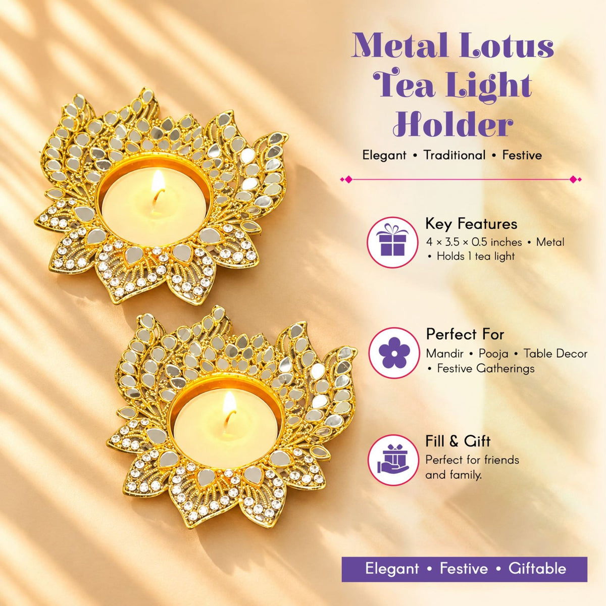 Golden metal lotus tea light holder with mirrored petals and crystals for Diwali pooja decorative diya stand