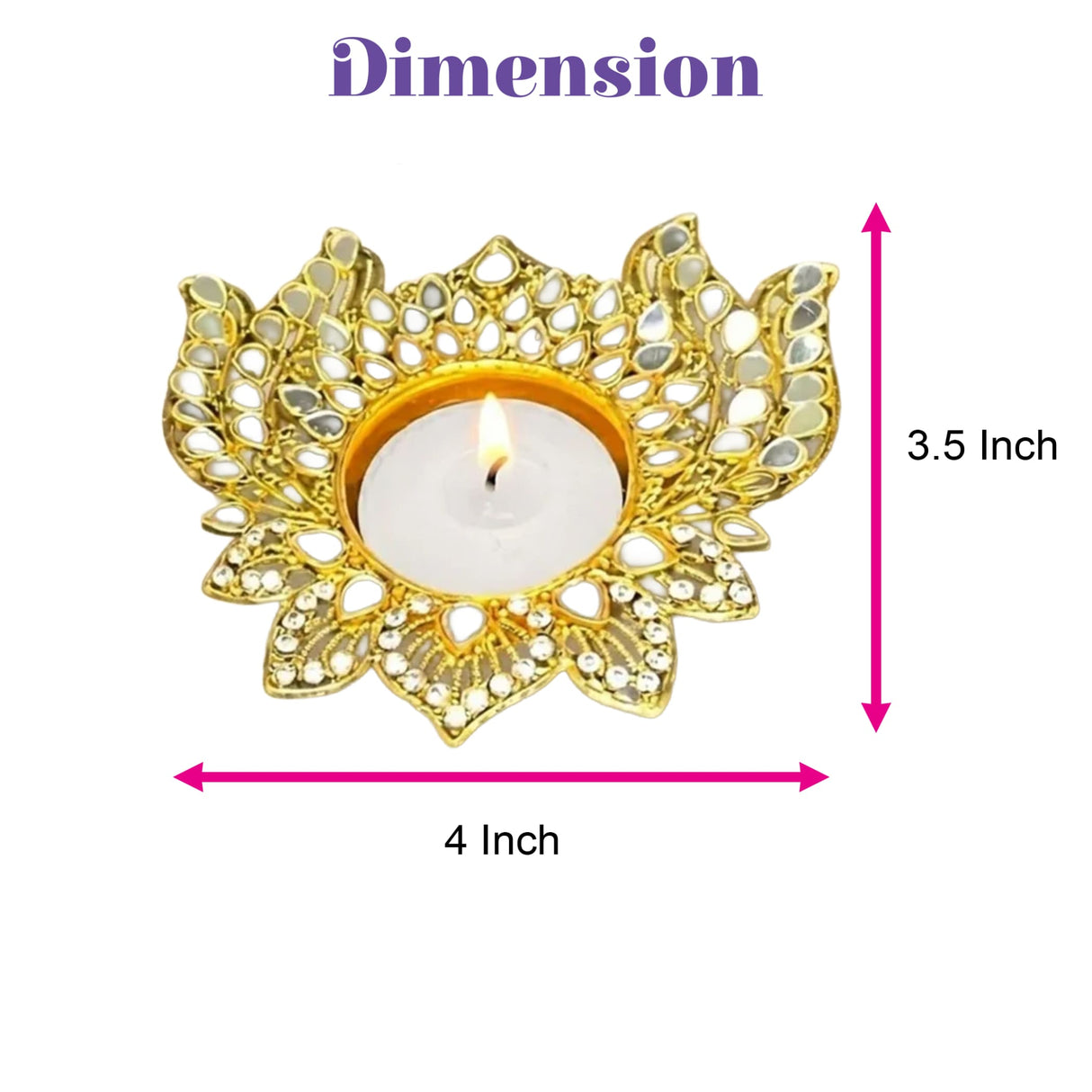 Gold-colored metal lotus tea light candle holder with intricate design and crystal embellishments for diwali pooja decor