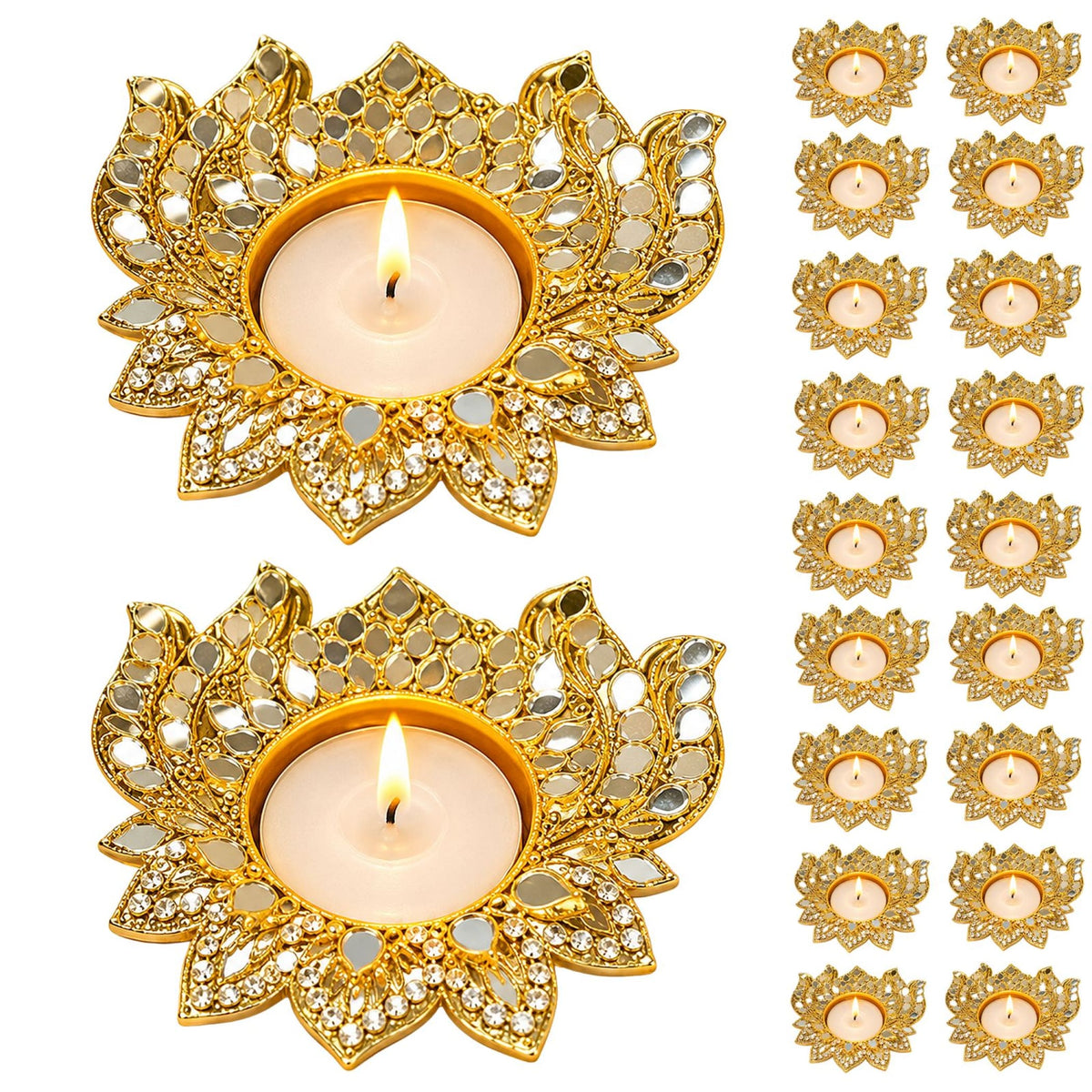 Metal lotus tealight candle holder gold-plated with mirrored and crystal embellishments for diwali pooja and home decor