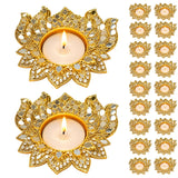 Metal lotus tealight candle holder gold-plated with mirrored and crystal embellishments for diwali pooja and home decor