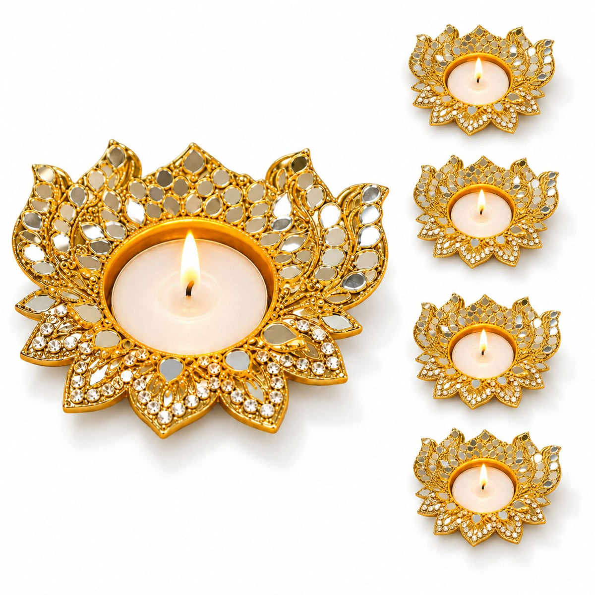 Metal lotus tea light candle holder in gold with mirrored and crystal embellishments for diwali pooja and home decor