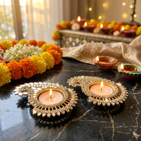 Gold-colored metal paisley design diya with intricate mirror work holding a lit candle for Diwali pooja décor