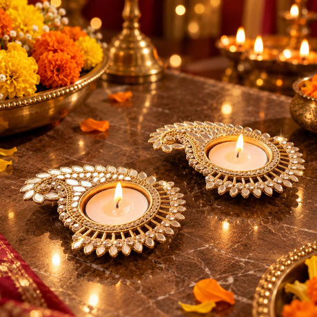 Metal paisley design gold-colored mirror work tea light candle holder with intricate paisley and clear crystals for diwali pooja