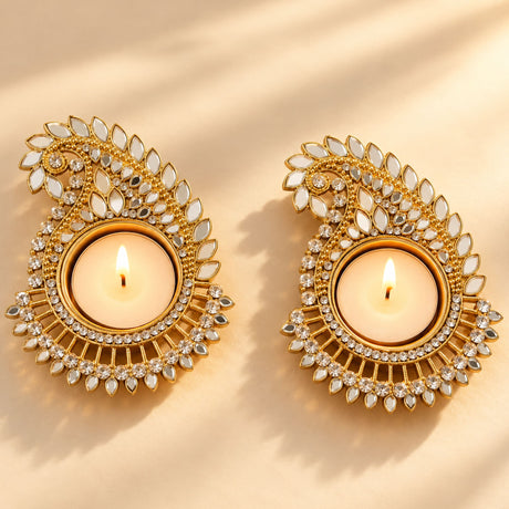 Gold metal paisley design tea light candle holder with mirror and crystal work for Diwali pooja decoration