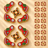 Metallic lakshmi charan paduka decorative pins in red and green with gold trim crystal embellishments and pearl accent for pooja