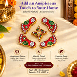 Metallic lakshmi charan paduka feet in red and green with gold crystal swastik stickers for diwali home decor