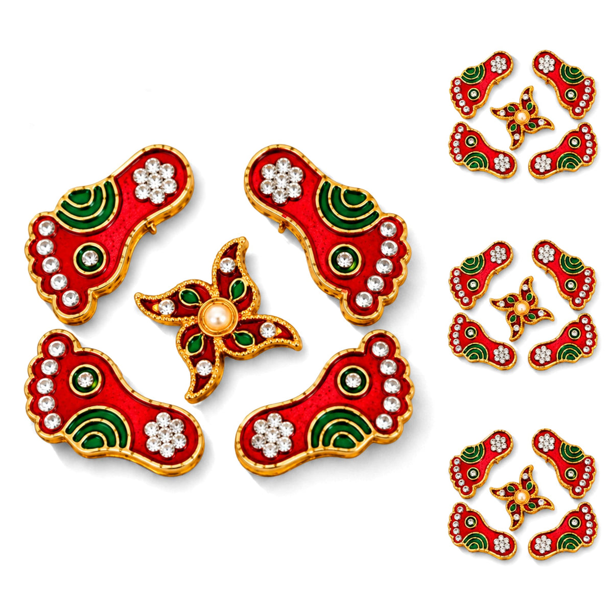 Metallic lakshmi charan paduka 2 pairs red and green enamel with gold trim crystal embellishments and pearl accent for pooja