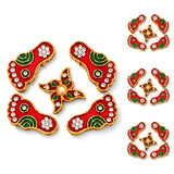 Metallic lakshmi charan paduka 2 pairs red and green enamel with gold trim crystal embellishments and pearl accent for pooja