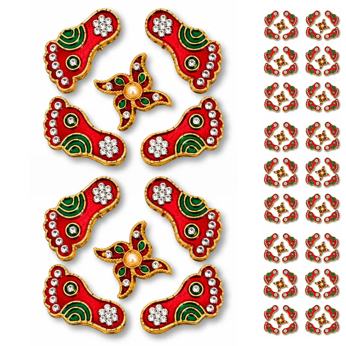 Metallic lakshmi charan paduka decorative pins in red and green with gold trim rhinestones and pearl for pooja and home decor