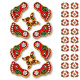 Metallic lakshmi charan paduka decorative pins in red and green with gold trim rhinestones and pearl for pooja and home decor
