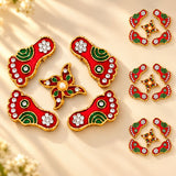 Metallic lakshmi charan paduka decorative pins in red and green with gold edges, rhinestones, and central pearl for pooja and home decor