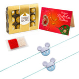 Light blue plastic mickey mouse-themed rakhi with gray ears and white eyes for brother raksha bandhan gift set of 2 pcs