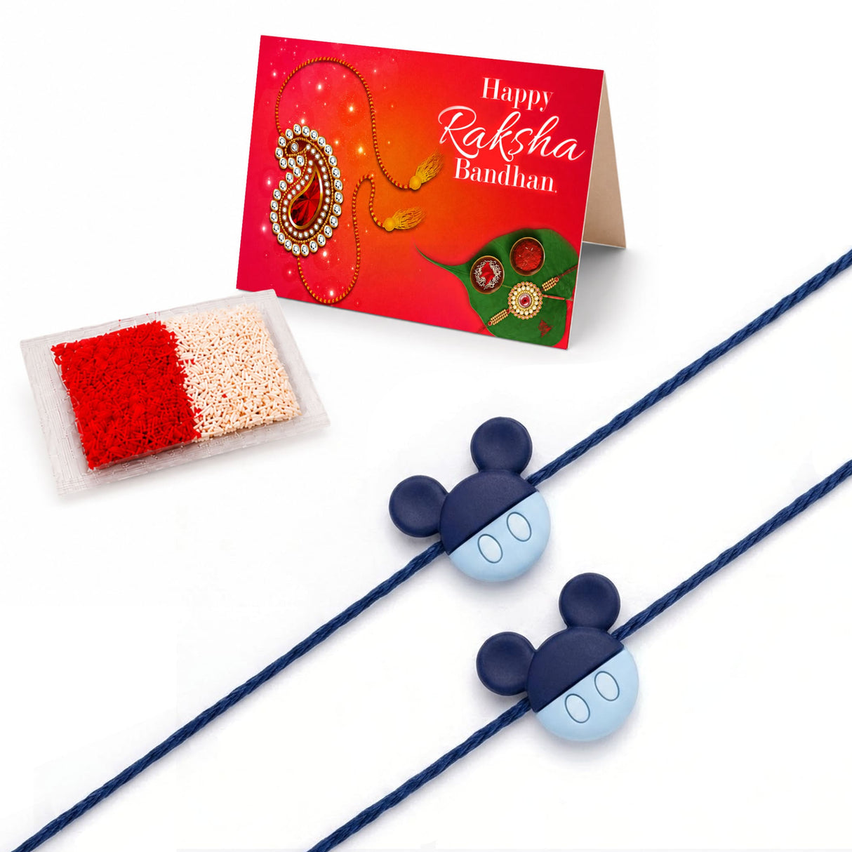 Blue mickey mouse-themed rakhi with navy blue cord and light blue plastic head designed for traditional raksha bandhan gift