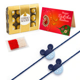 Blue and navy mickey mouse-themed rakhi with plastic head charms on each end for traditional raksha bandhan gift