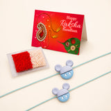 Light blue and gray plastic mickey mouse rakhi charms with round eyes for traditional raksha bandhan gift set of 2