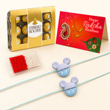 Light blue plastic mickey mouse-themed rakhi with rounded ears and simple facial features for brother gift set