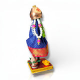 7-inch mini Gudi Padwa decoration: copper bell figurine in blue-red fabric on golden base