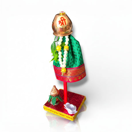 7-inch mini Gudi Padwa decoration with copper vessel, patterned fabric, beads