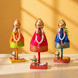 Three ornate 7-inch mini Gudi Padwa decorations with copper tops and beaded malas