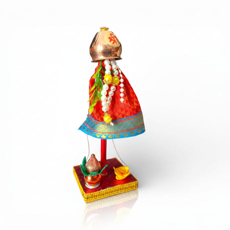 7-inch mini Gudi Padwa decoration with red-blue figurine, copper dome, pearls, beads, plastic gathi mala