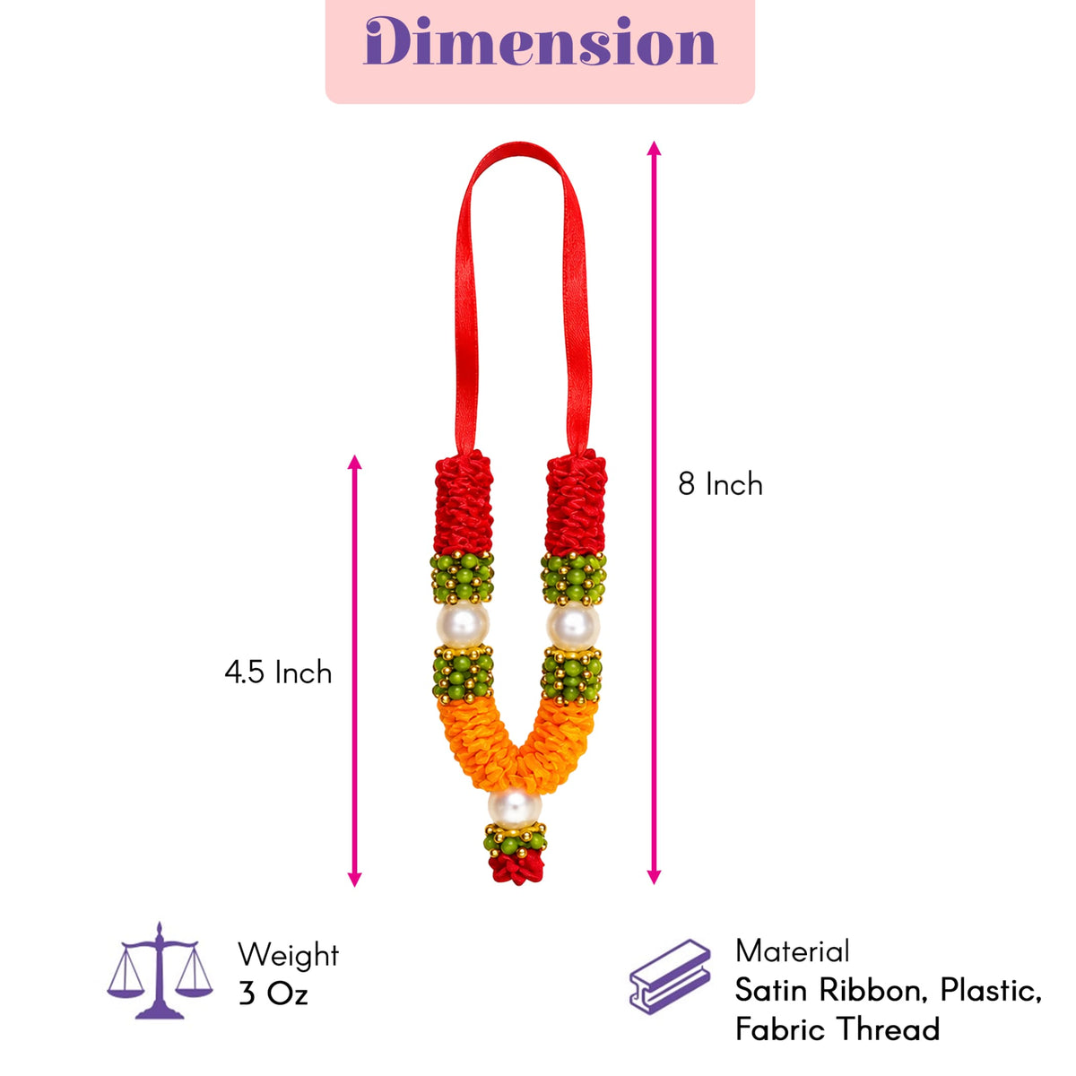 Mini artificial mala garland with vibrant red orange green handmade flowers and pearl accents for pooja decor and mandir