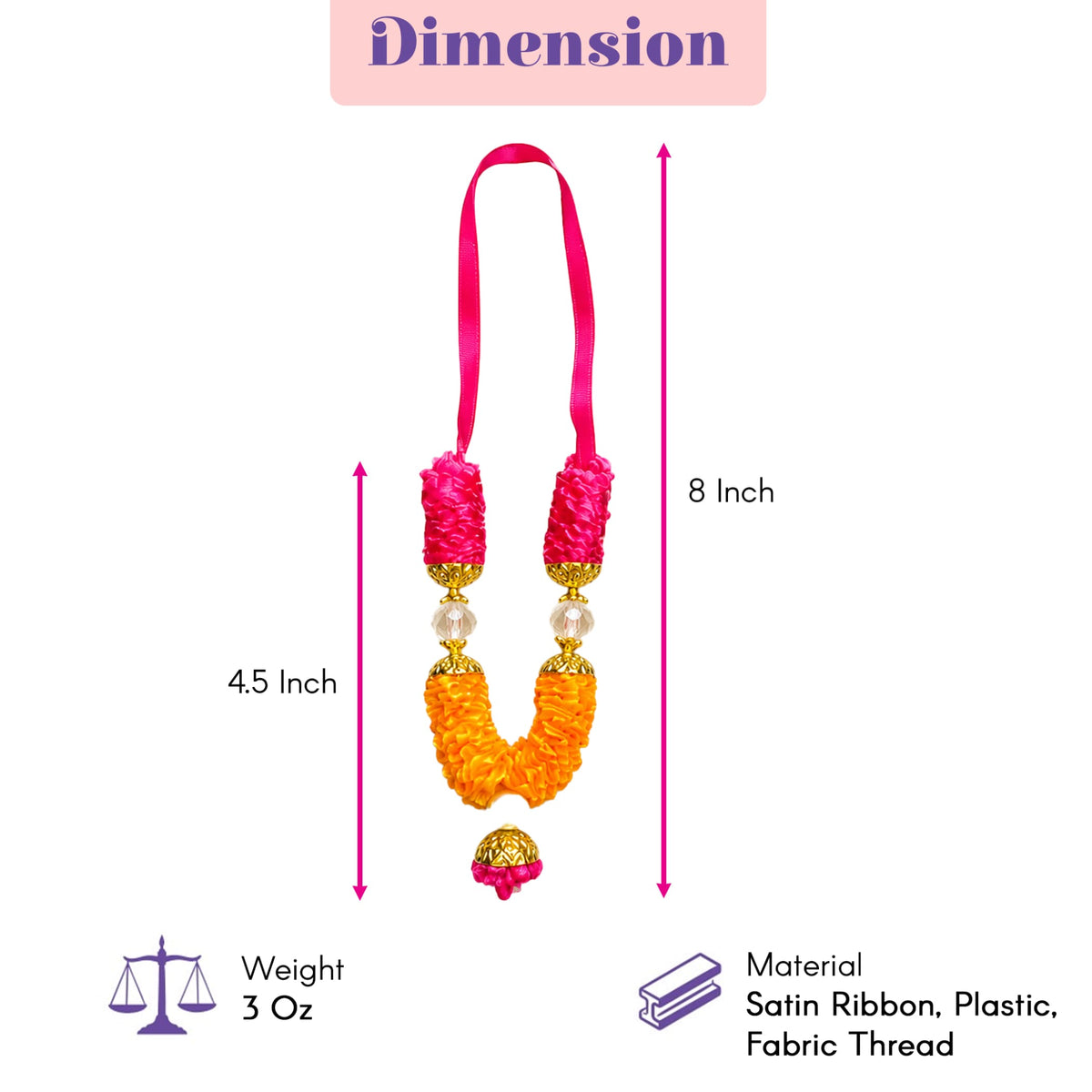 Mini artificial mala garland in vibrant pink and orange satin ribbon with gold beads for pooja decor and temple use