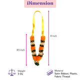 Mini artificial mala garland in orange and green with pearl accents made from satin ribbon plastic and fabric thread for pooja decor