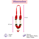 Mini artificial mala garland with red satin ribbon flowers white beads and green leaves made from satin ribbon plastic fabric thread for pooja decor