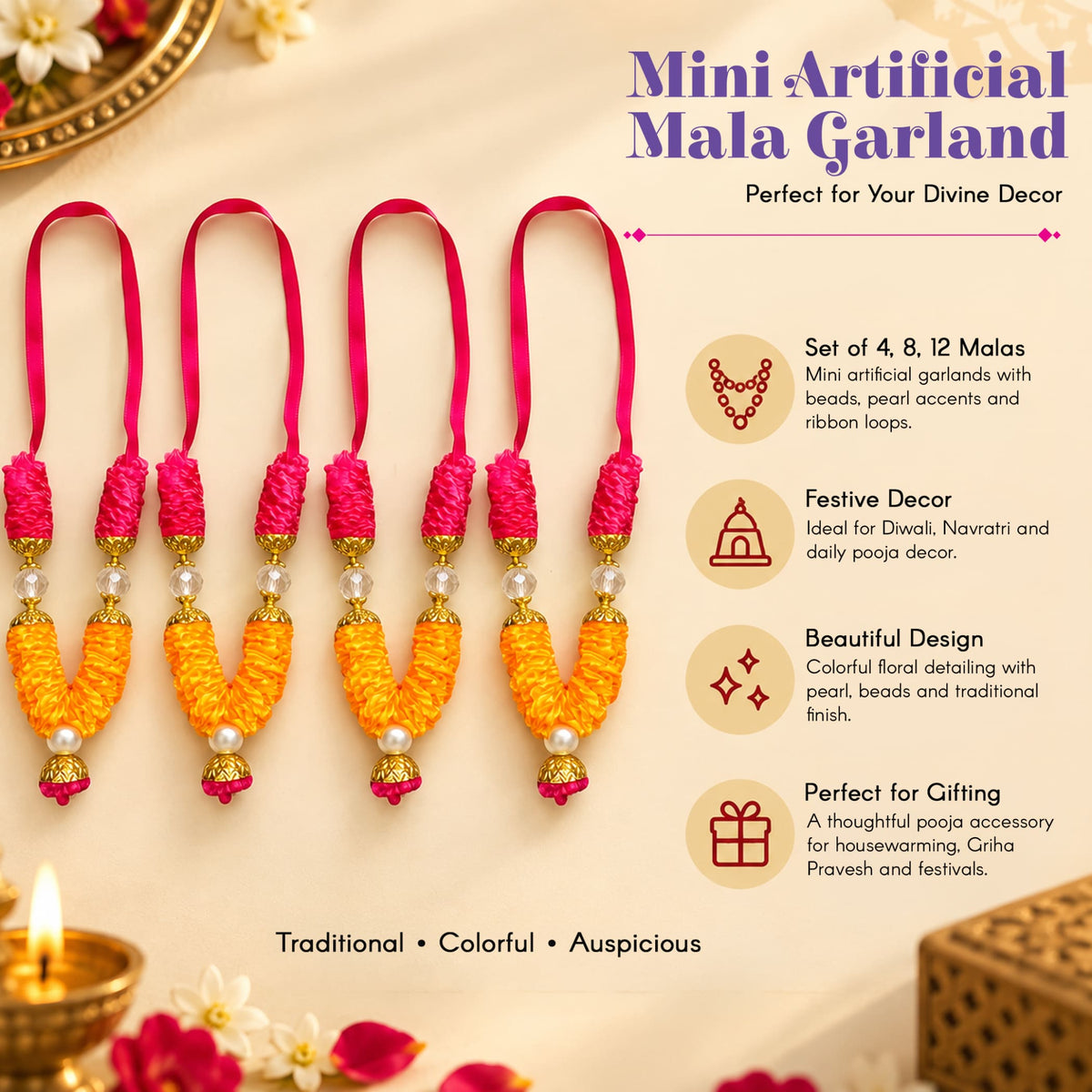 Set of four mini artificial mala garlands with pink satin ribbon loops golden beads and orange floral detailing for pooja decor