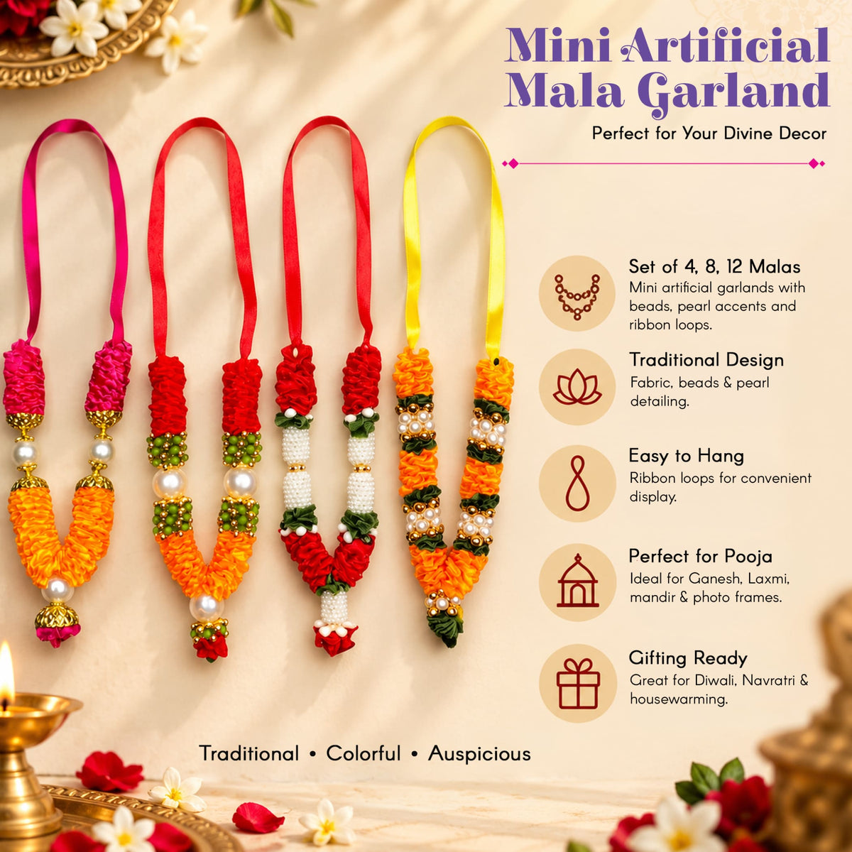 A set of four colorful mini artificial mala garlands with red orange fabric flowers white pearls and gold-toned beads for pooja decor