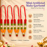 Set of four vibrant red green and orange mini artificial mala garlands with pearl accents and satin ribbon loops for pooja decor