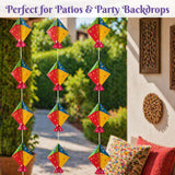 Colorful paper kite garland with star patterns in red yellow green and blue for festive wall decor and celebrations