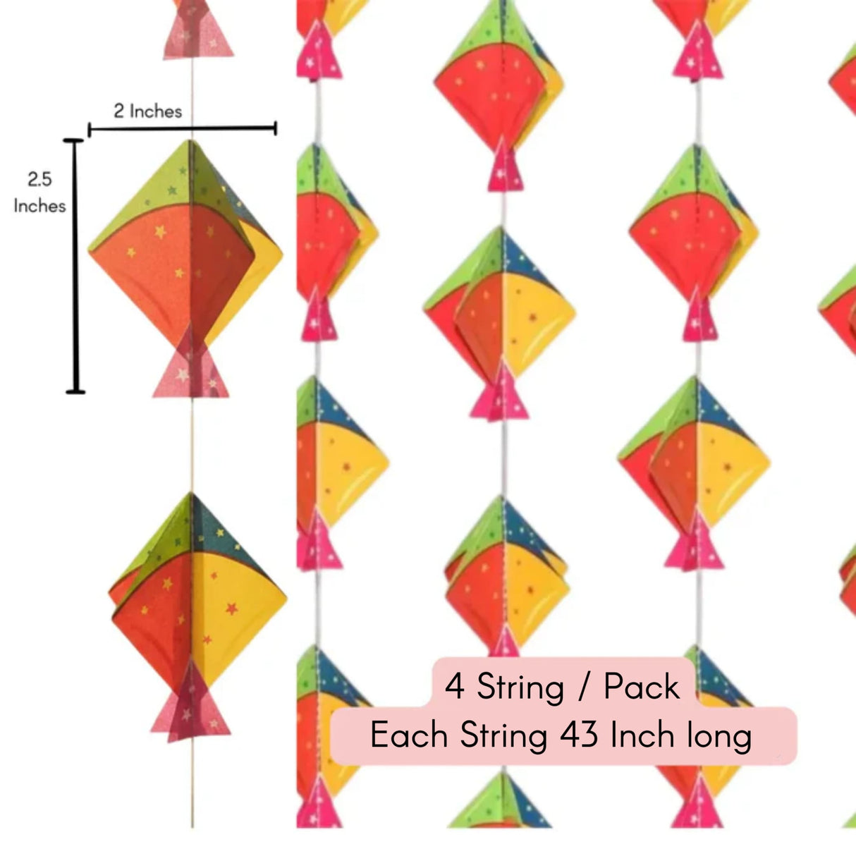 Colorful paper kites with star patterns measuring 2.5 by 2 inches in a decorative hanging set for makar sankranti decor