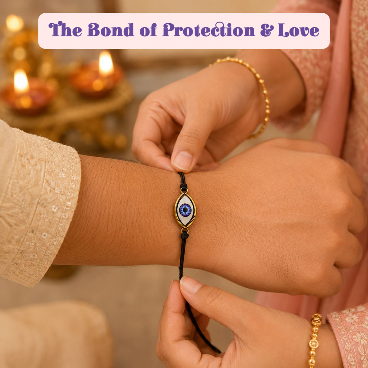 A black cord designer evil eye rakhi bracelet with a gold-toned charm and blue iris for brother and bhabhi