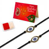 Two black cord designer evil eye rakhi bracelets with blue iris gold-toned pendants for brother and bhabhi