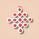 White and red geometric diy small muggu kolam cutout with symmetrical knot and circular accents for indian pooja decor