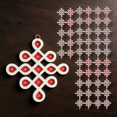 White and red infinity knot diy small muggu kolam cutout ornament for indian pooja wedding and festive decor
