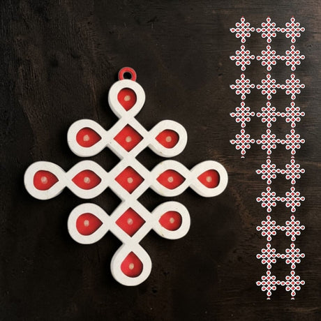 White and red infinity knot diy small muggu kolam cutout ornament for indian pooja wedding and festive decor