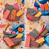 Vibrant unstitched multicolor blouse pieces with intricate patterns in orange pink green and gold for saree and indian gifts
