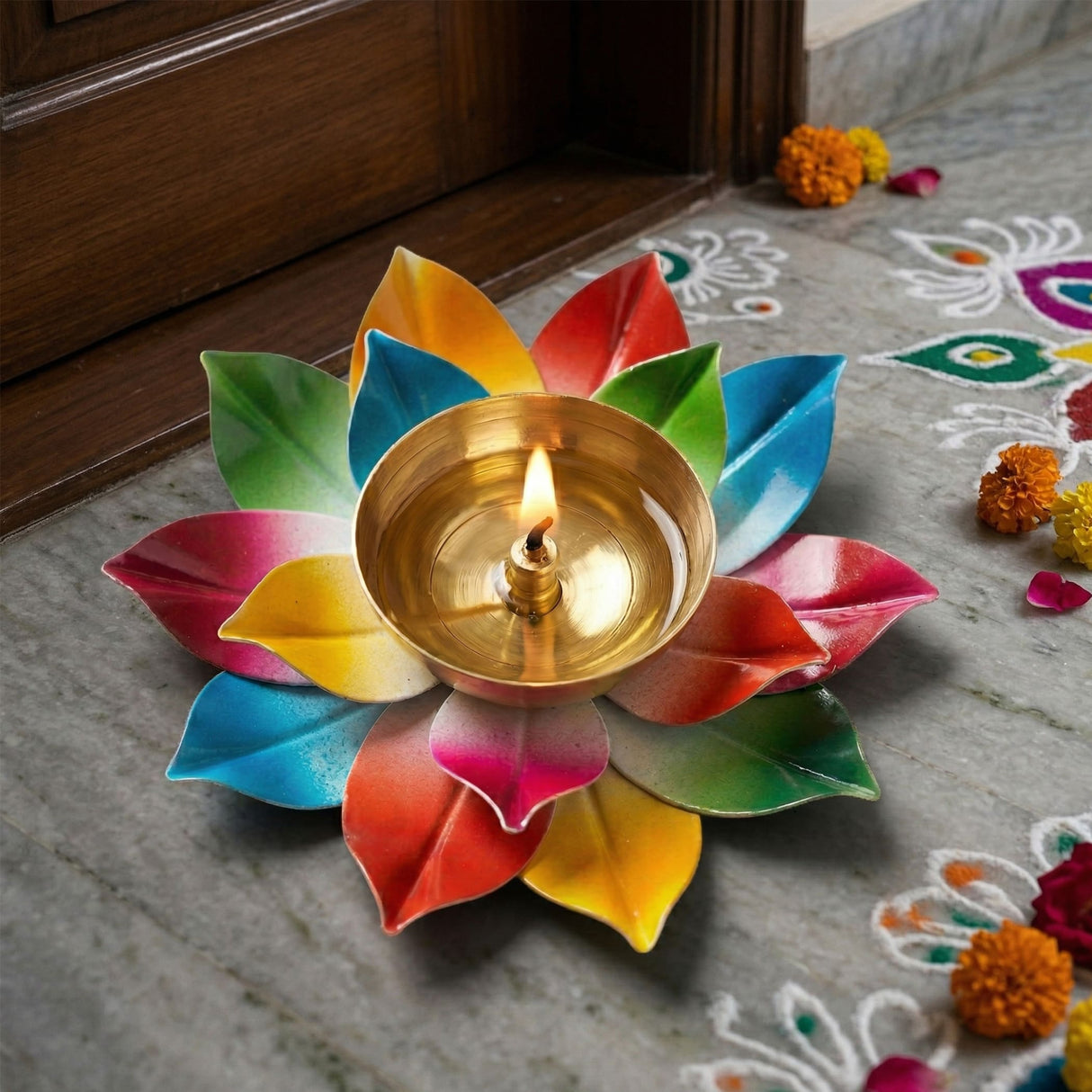 A vibrant multicolor lotus brass diya with a golden center and flame for puja and Diwali home decoration