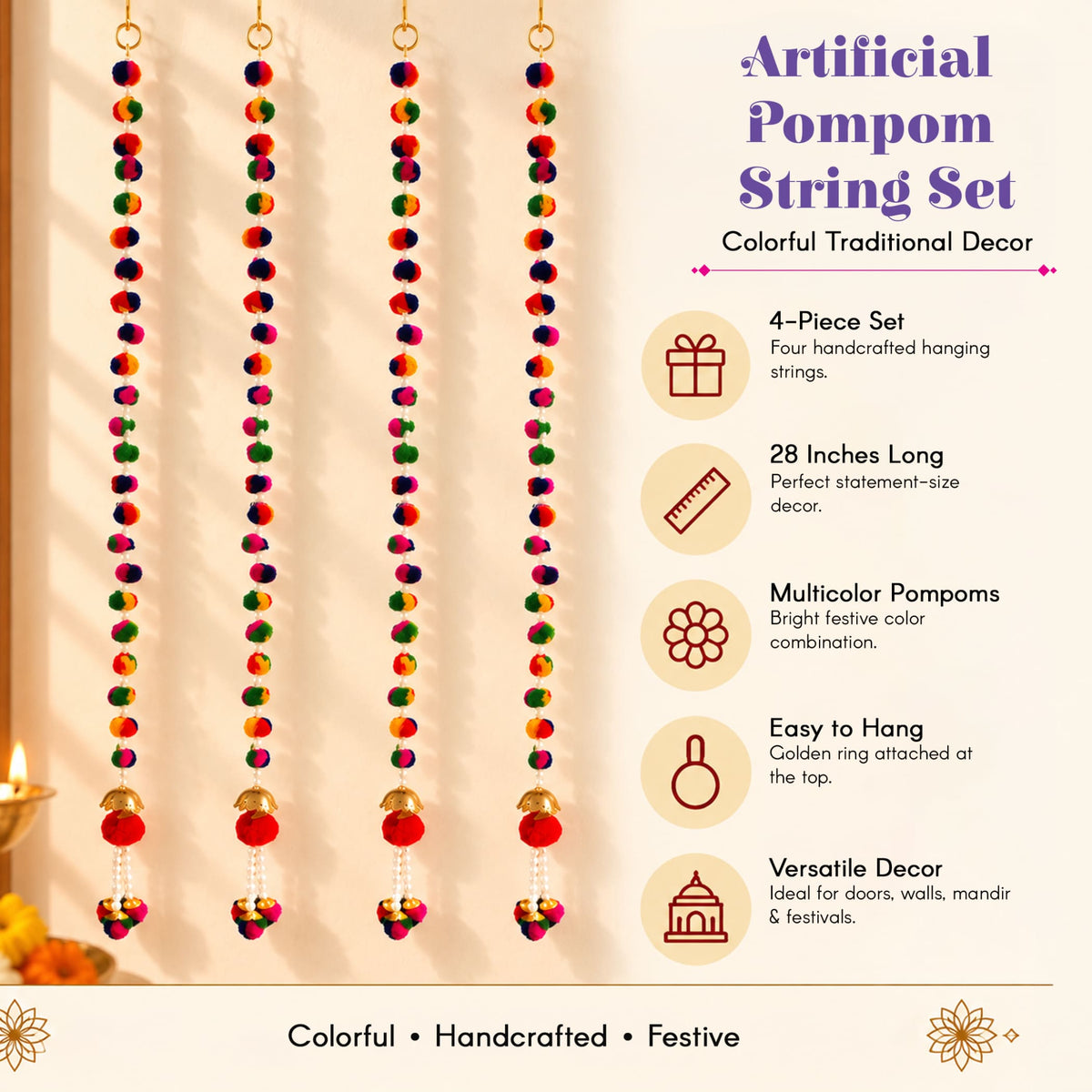 A set of four colorful handcrafted pompom wall hanging strings with golden rings for diwali wedding and housewarming décor