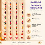 A set of four colorful handcrafted pompom wall hanging strings with golden rings for diwali wedding and housewarming décor