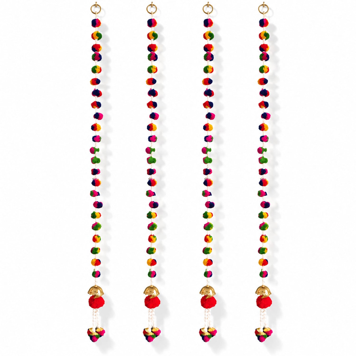 Four colorful multicolor pompom wall hanging strings with gold-toned rings, red pompoms, and small bells for diwali decor