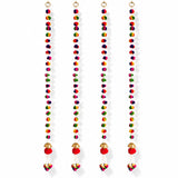 Four colorful multicolor pompom wall hanging strings with gold-toned rings, red pompoms, and small bells for diwali decor