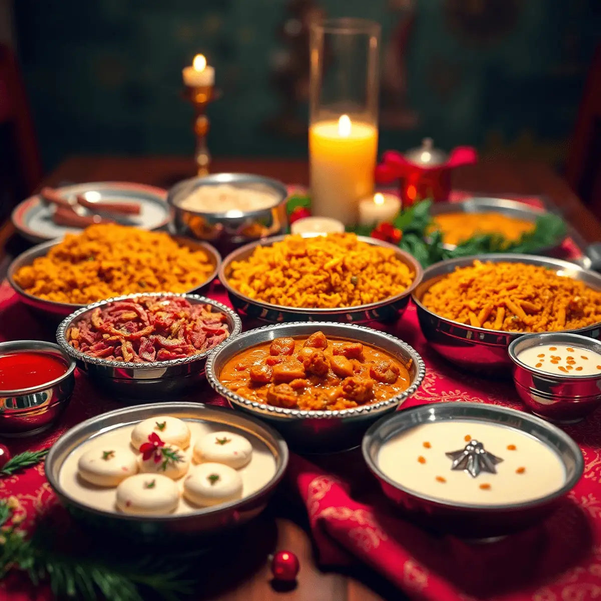 A colorful table setting with traditional Indian Christmas foods like biryani, kheer, rose cookies, and newrio, surrounded by festive candles and ornaments.