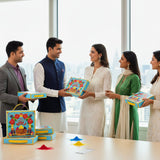 Colorful blue and yellow gift boxes with festive floral designs for Holi gulal pack