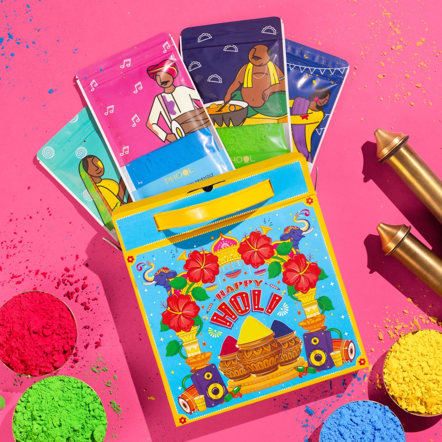 Vibrant blue yellow Happy Holi gift bag with Natural Gulal colors pack