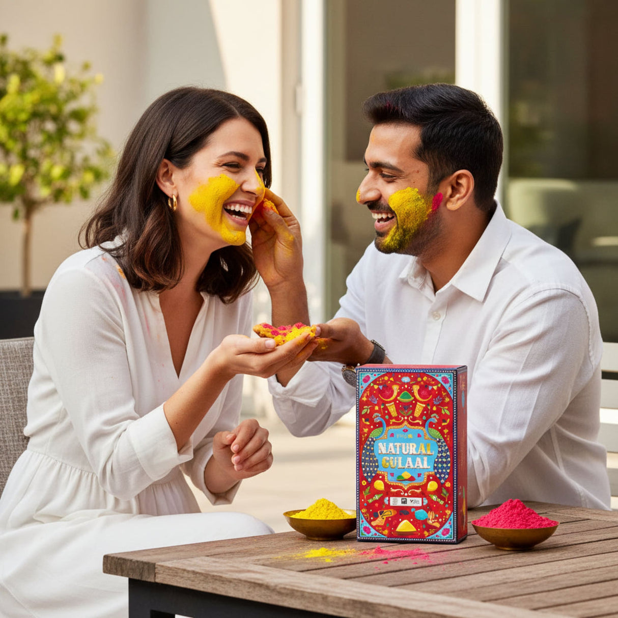 Vibrant natural Holi gulal powder in yellow and red for skin-friendly rangoli